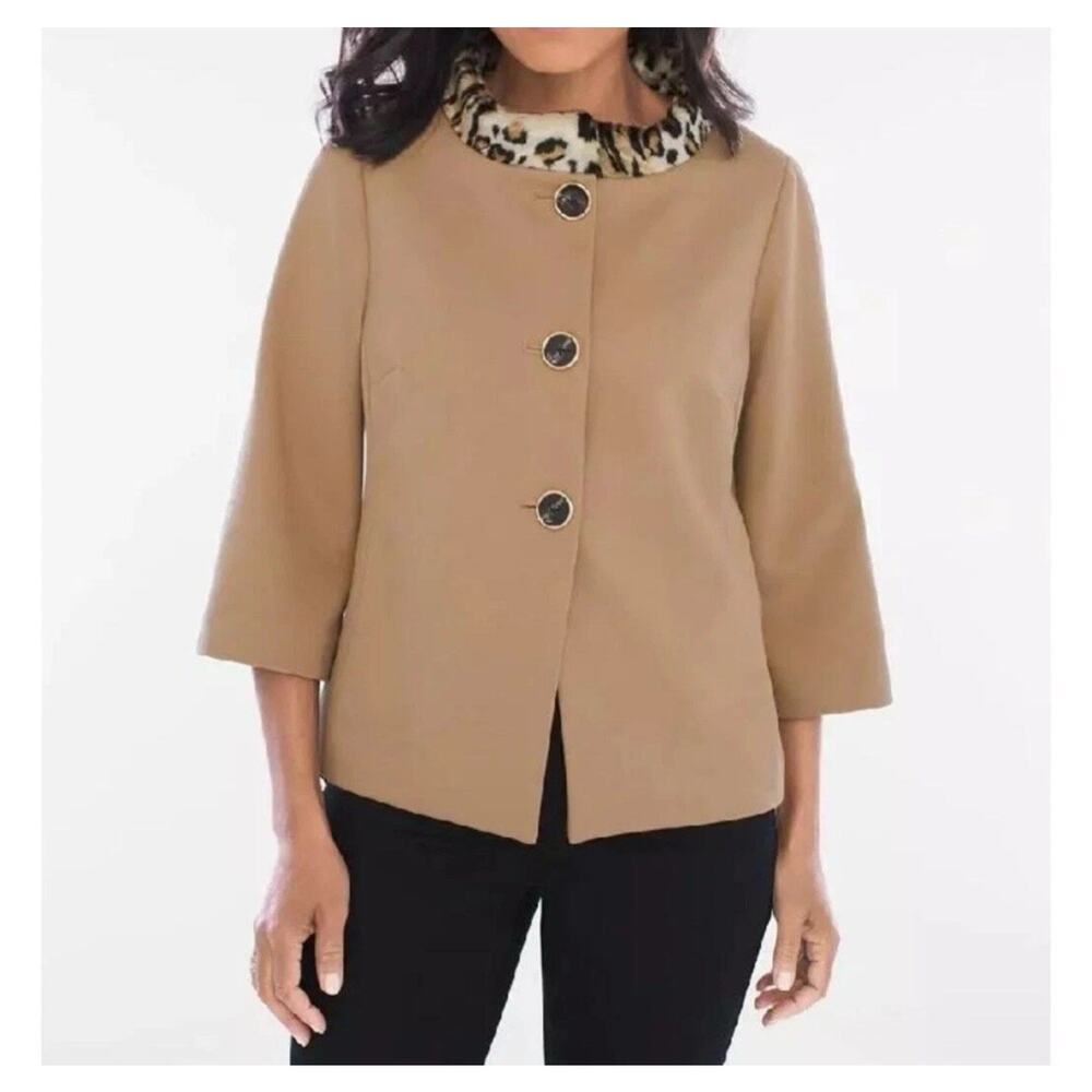 Chicos Swing Jacket Coat Size XL/3 Tan Leopard Print Faux Fur Collar Button